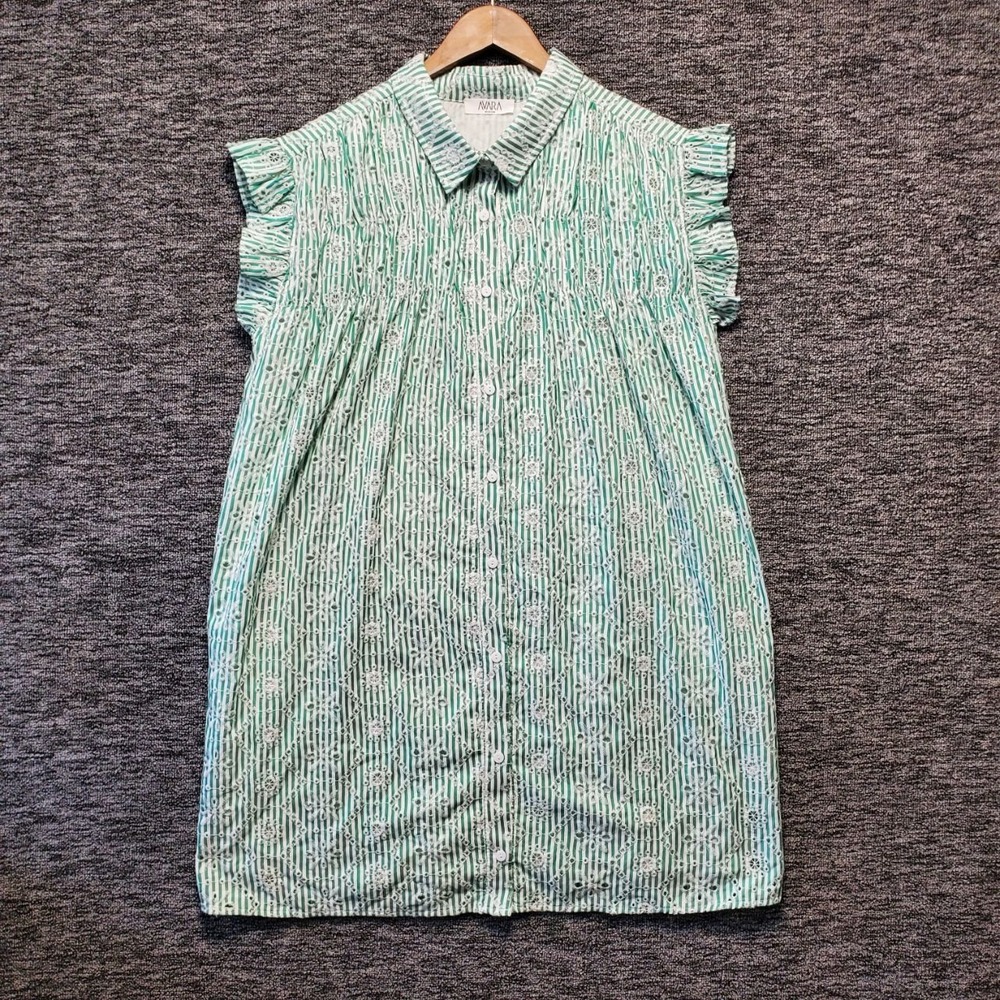 Avara Gentry Eyelet Stripe Mini Dress Women Medium Green Ruffle Button Up Ruffle